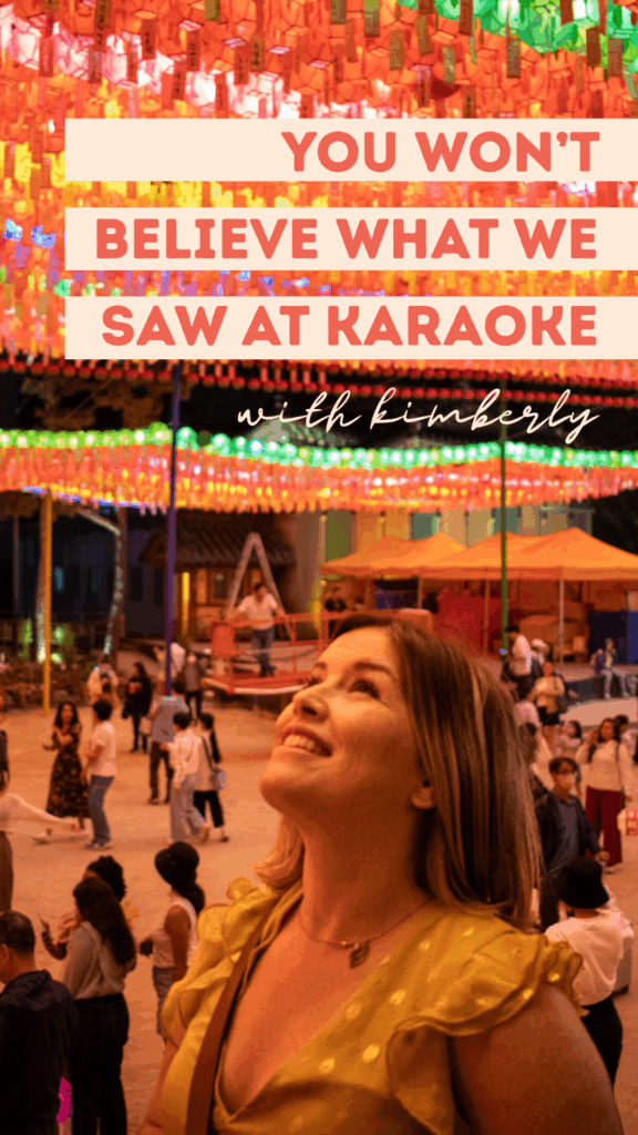 Woman looking up at words that say "YOU WONT BELIEVE WHAT WE SAW AT KARAOKE TYPE 2 PODCAST