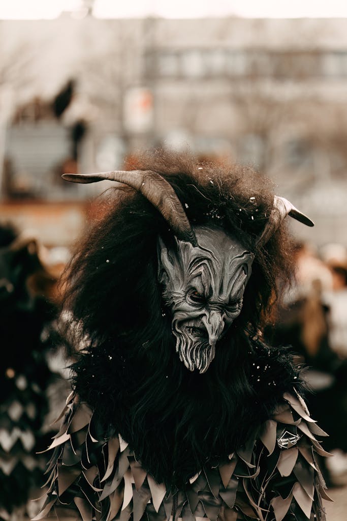 A figure in a Krampus costume at a winter festival in Leonberg, Germany.