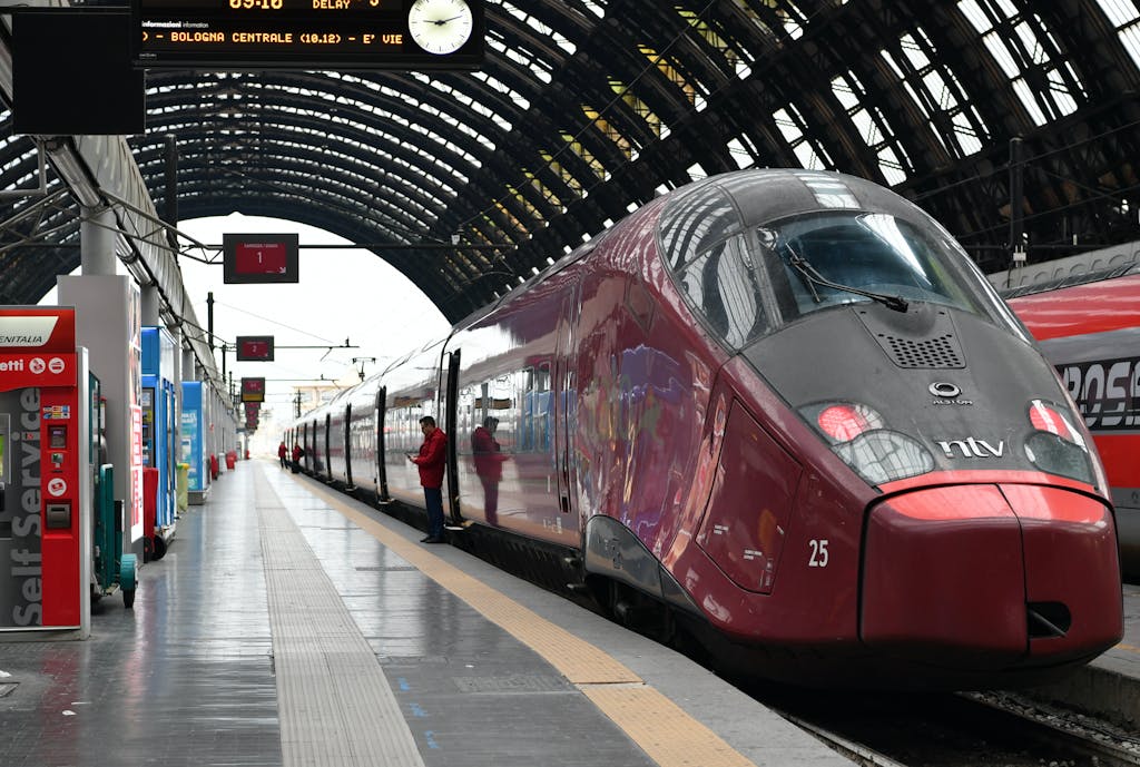 Modern high-speed train at Milano Centrale Railway Station in Italy.