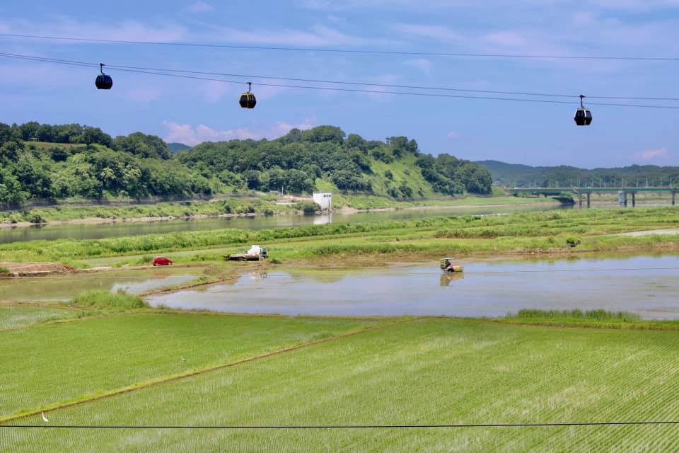 Rice fields and the Imjin River under a blue sky with gondola cars suspended overhead traveling toward the DMZ observation area.