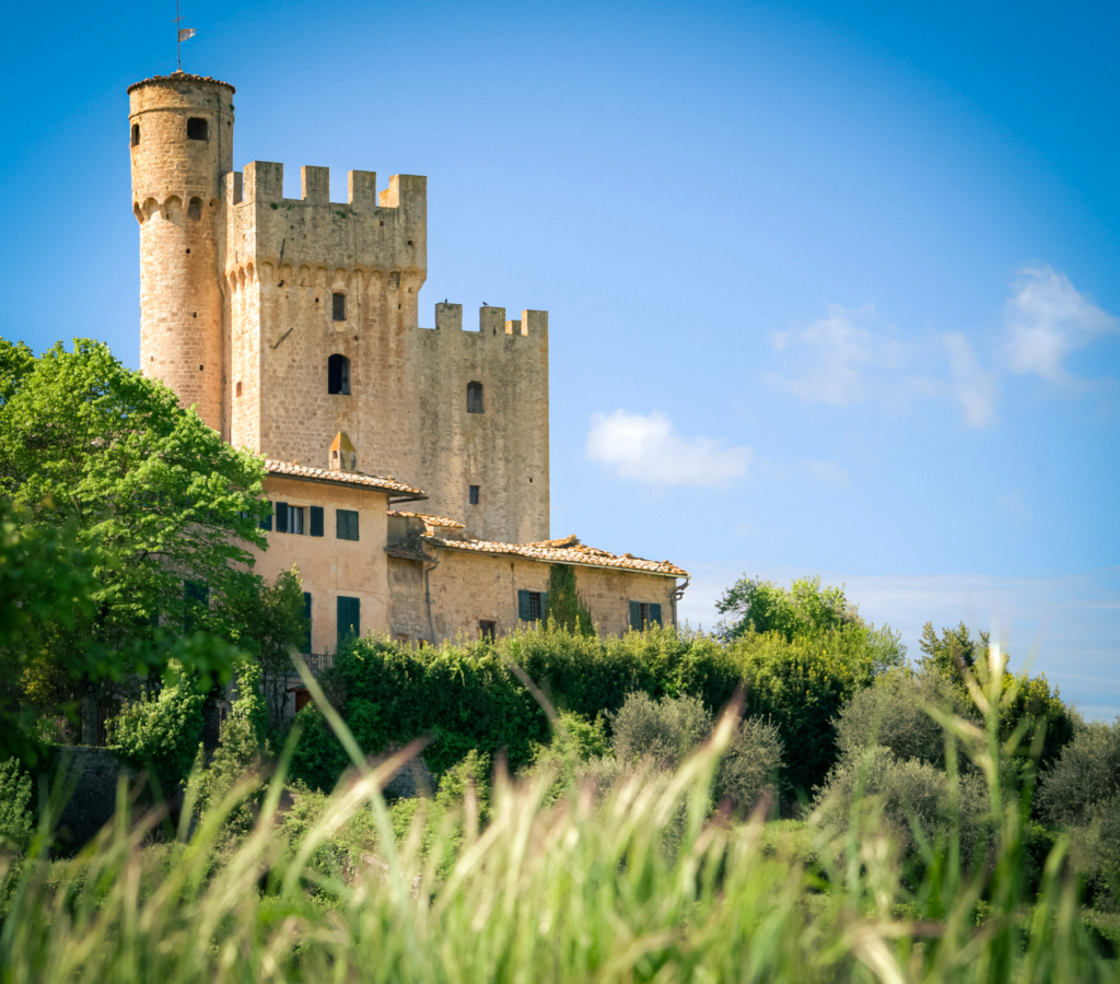 Cioccolo Castle rises above green hills and tall grass with its stone tower and fortified walls under a clear blue sky. The historic castle marks a scenic point along day three from Monteriggioni to Siena on the Via Francigena.