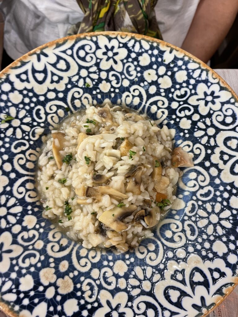 Creamy mushroom risotto with sliced mushrooms and herbs served on a blue and white patterned plate, a comforting local dish enjoyed during 2 days in San Marino.