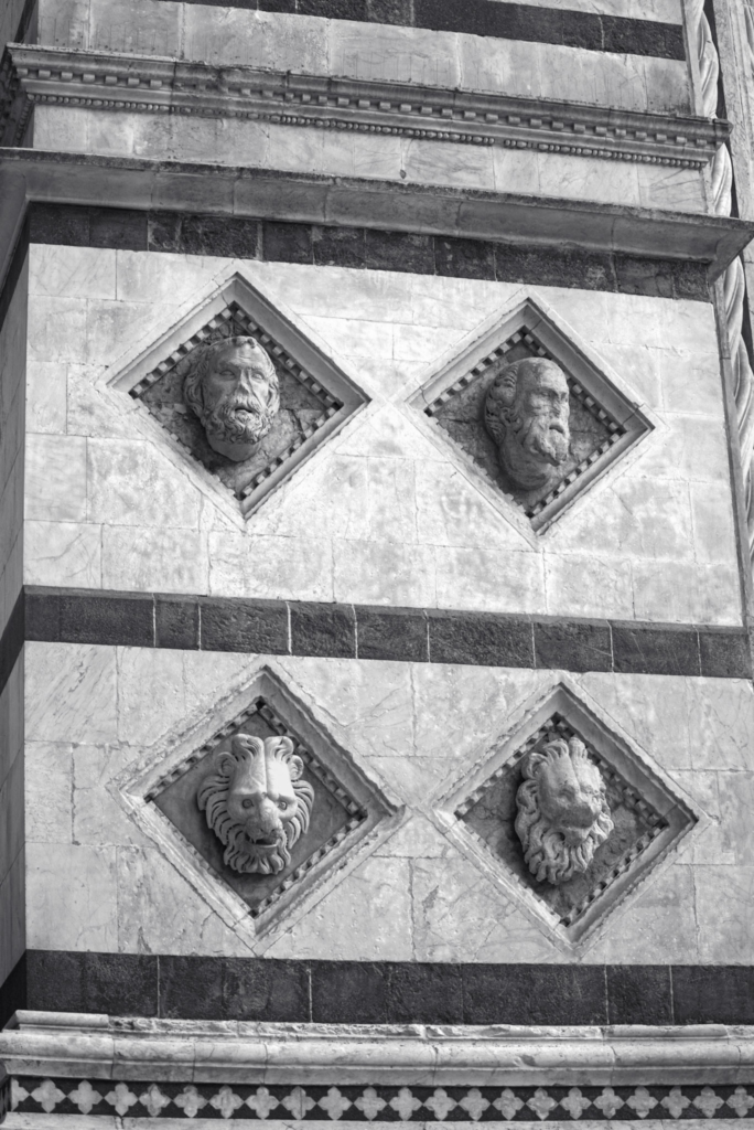 Black and white image of marble relief portraits of bearded men and lions set in diamond panels on the Siena Duomo facade.