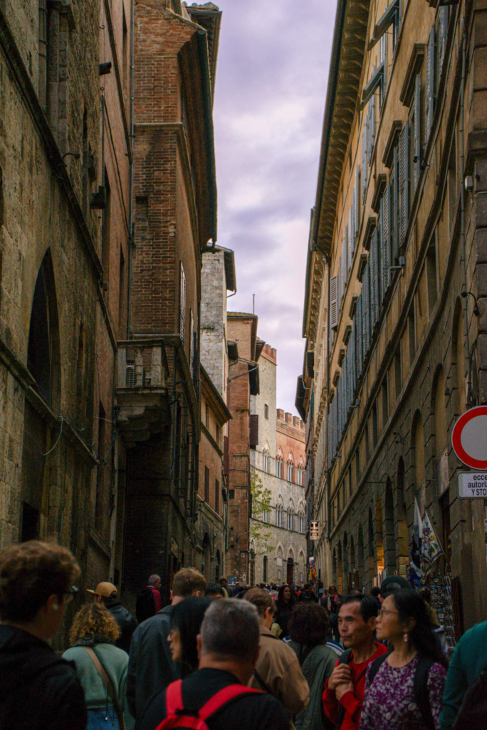 Crowd of visitors walking through a narrow Siena street with medieval brick buildings rising on both sides toward a stone tower.