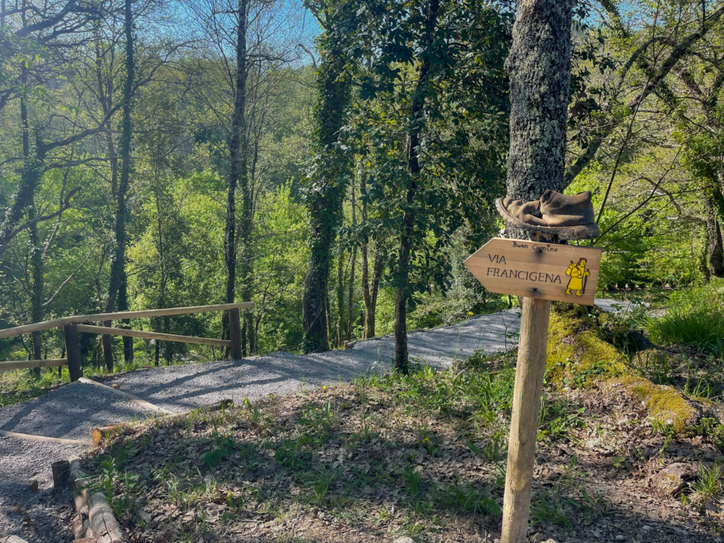 Wooden trail sign reading “Buen Camino” and “VIA FRANCIGENA” stands beside a forest path with a pair of worn hiking shoes resting on top. The sign points walkers along a shaded section of the Via Francigena San Gimignano to Siena route.