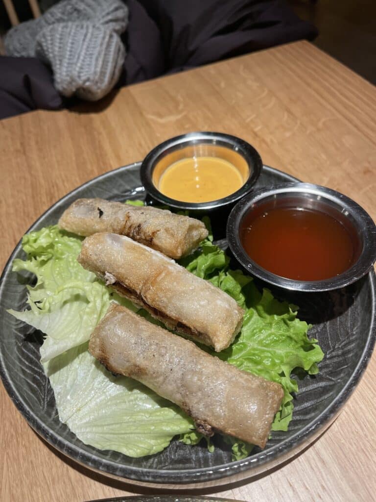 Crispy Vietnamese spring rolls with sweet chili and orange dipping sauces at Basa restaurant in Ljubljana