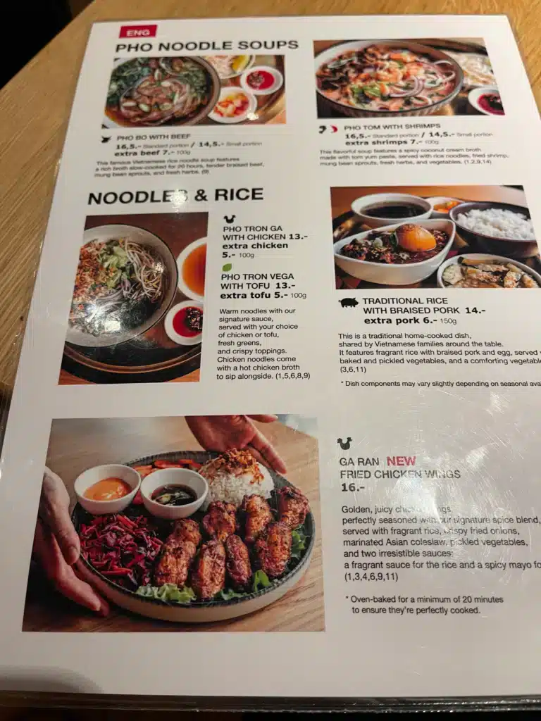 Basa Vietnamese restaurant menu showing pho noodle soups and traditional rice dishes in Ljubljana, Slovenia