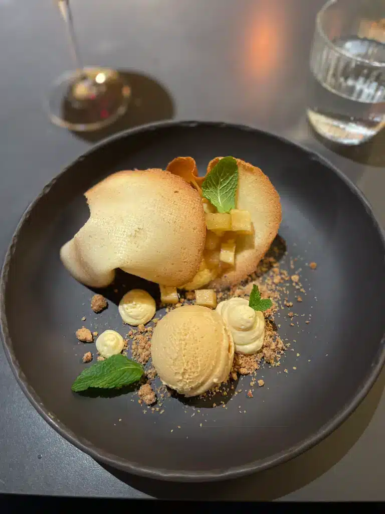 Apple confit dessert with salted caramel ice cream and tuile cookie at Breg in Ljubljana