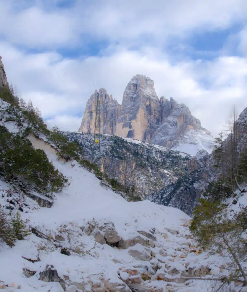 The three peaks of Tre Cime di Lavaredo (Drei Zinnen) above a snowy forested ridge in winter, Dolomites, Italy.