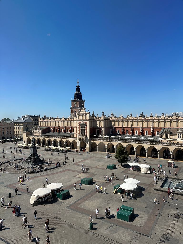 Aerial view of Krakow's Main Market Square with historic Cloth Hall under a clear blue sky.