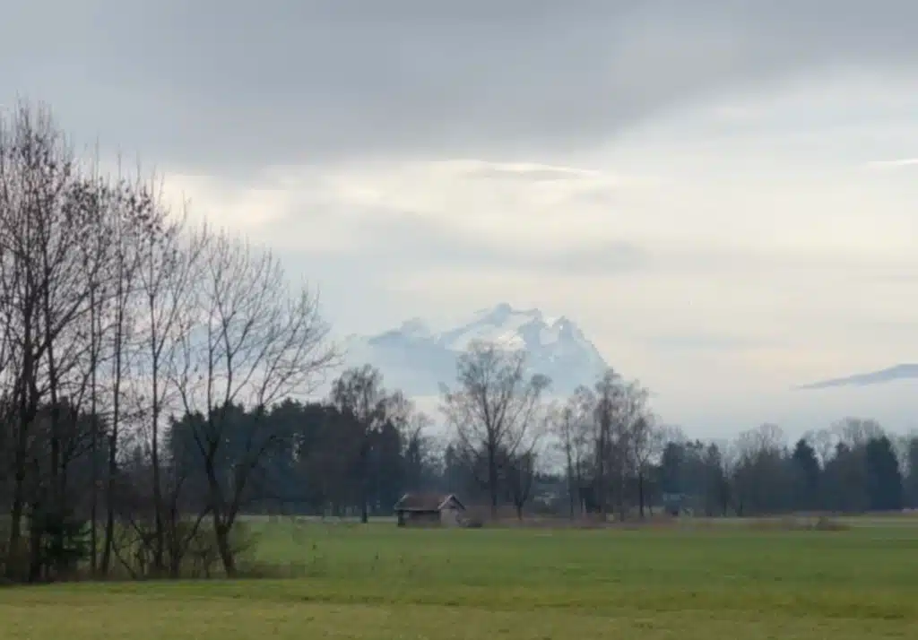 Snow-capped Alpine peak rising above farmland and bare winter trees near Bregenz, Austria