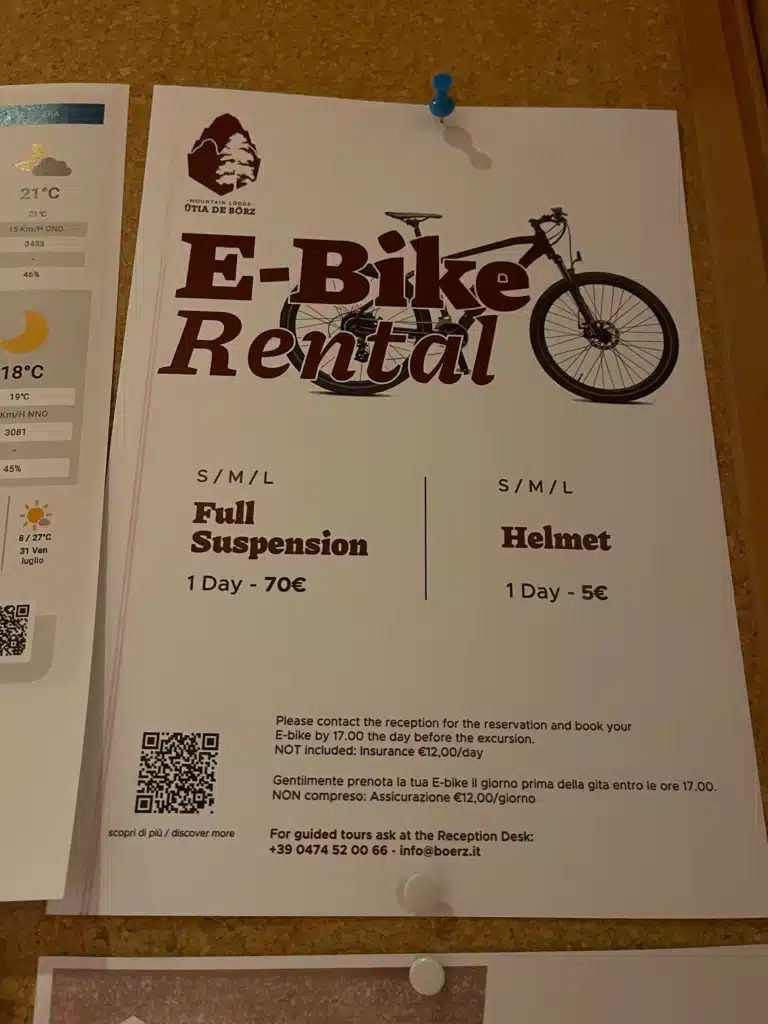E-bike rental pricing flyer at Ütia de Börz