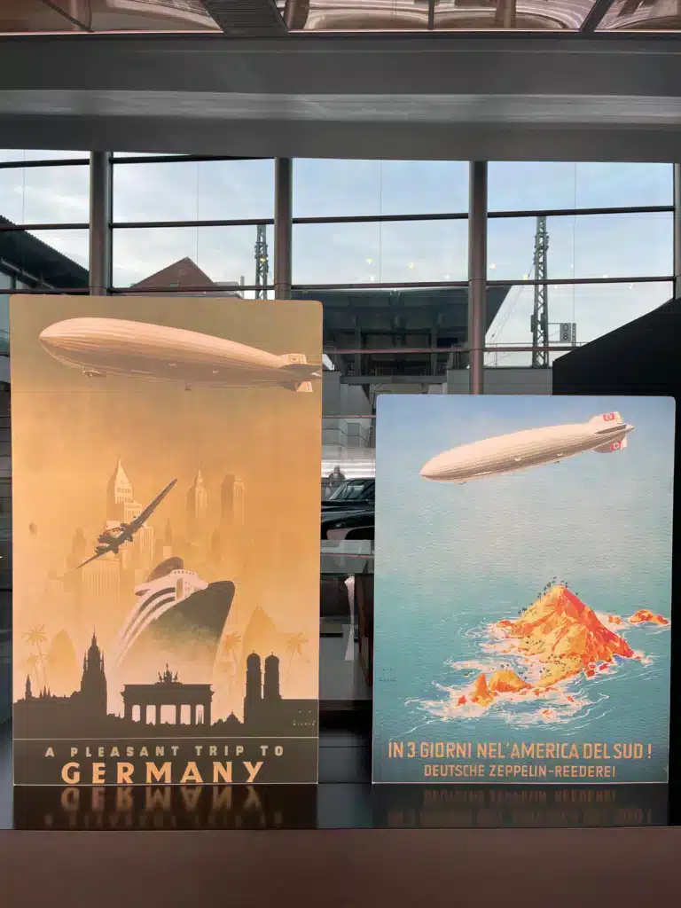 Vintage Zeppelin travel posters advertising trips to Germany and South America at Friedrichshafen museum