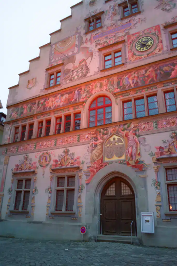 The painted facade and astronomical clock of the Altes Rathaus in Lindau