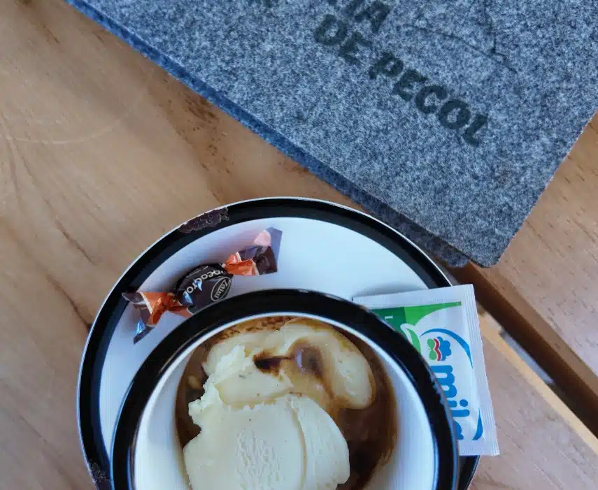 Affogato dessert with chocolates at Ütia de Pecol, vanilla gelato drowned in espresso